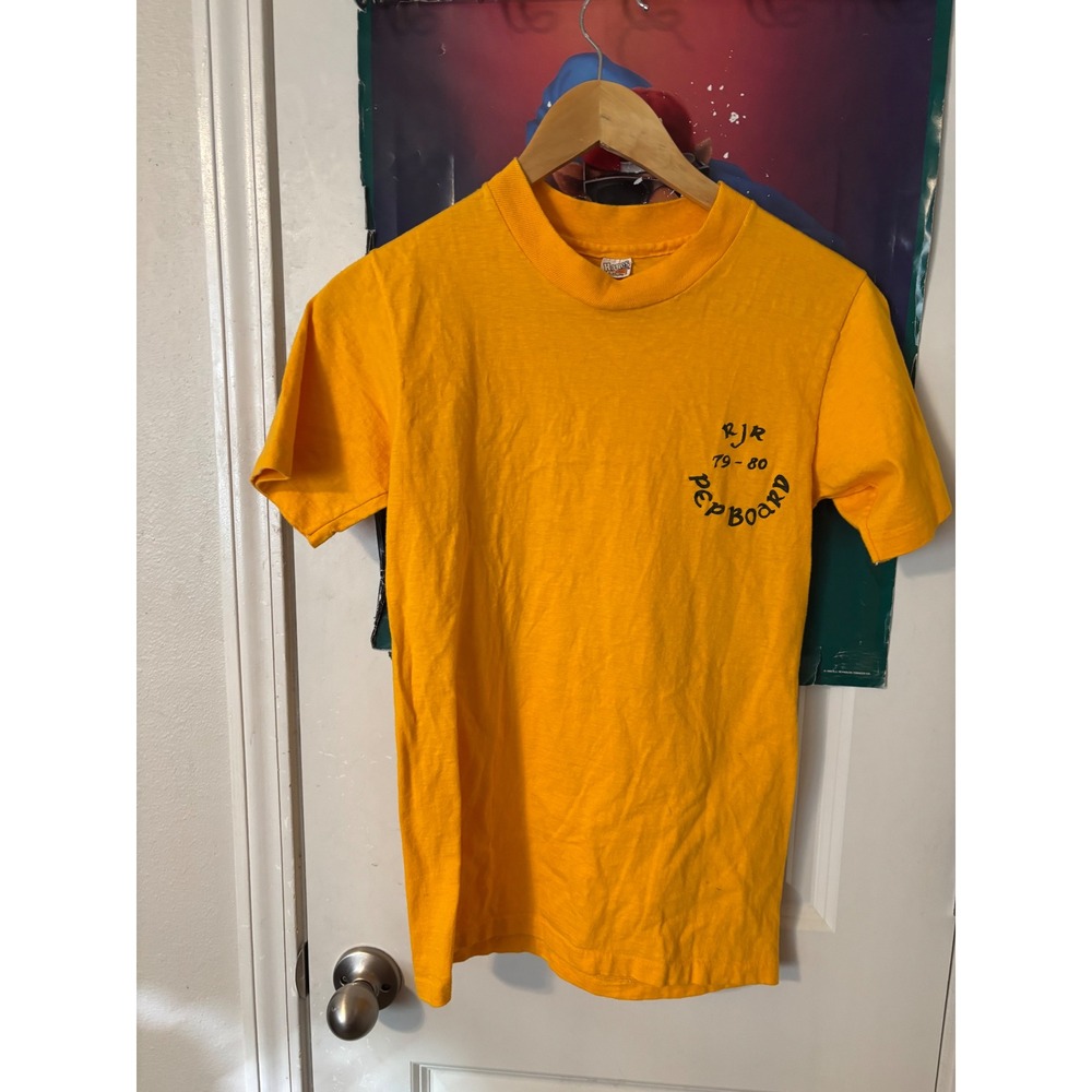 Vintage 70s Hanes Beefy-T RJR Pep Board Yellow Graphic T-Shirt Small USA Made